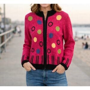Pink Polka Dot Cardigan Sweater | Retro Mod Art Teacher Cozy Chic | Size Small